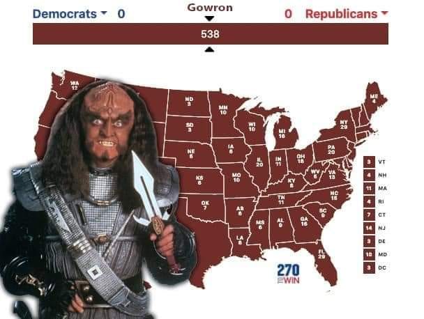 The meme is a picture of the 2020 US presidential election results, with each state colored red or blue to indicate which candidate won it. The text "2020" appears at the top, and the numbers "270" and "202" are shown, indicating the number of electoral votes won by each candidate.